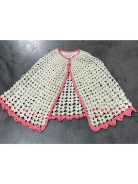 Crochet, Adult Vintage Poncho, White Pink, Handmade, Cute, Girl's Fashion, Cape